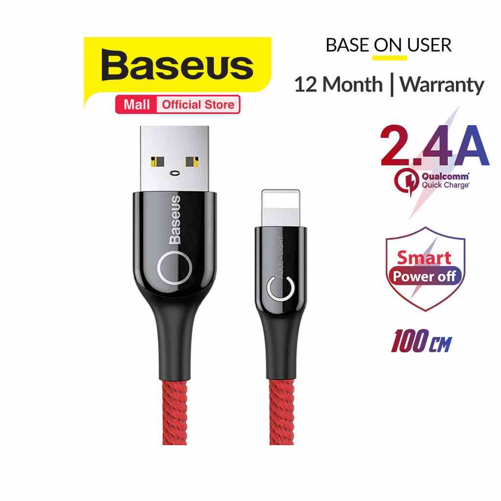 Baseus Cáp sạc Lightning tự ngắt cho iPhone 6/ 7/ 8/ iPhone X/ iPad (2.4A, Sạc nhanh, Sợi Carbon Siêu Bền)