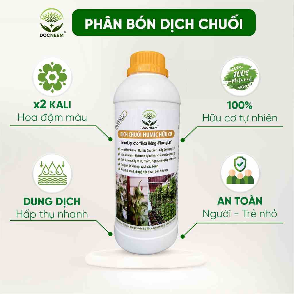 Dịch chuối Humic hữu cơ DOCNEEM, phân bón hoa hồng, lan, cây cảnh, bông to, hoa sai, đậm màu, lâu tàn, dung tích 1 lít