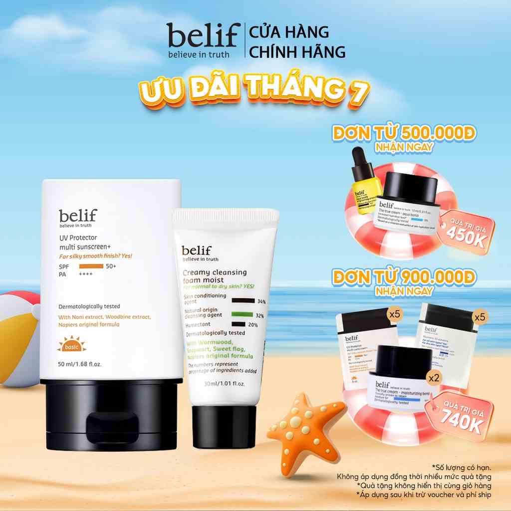 Combo chống nắng Belif UV protector Multi Sunscreen + sữa rửa mặt Creamy Cleansing Foam