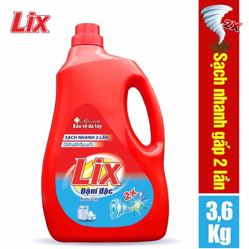 Nước giặt Lix đậm đặc dung tích 3.6kg loại dùng cho giặt tay hoặc giặt máy - Tẩy sạch cực mạnh vết bẩn