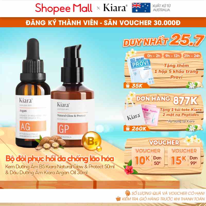 Bộ đôi phục hồi da chống lão hóa Kem Dưỡng Ẩm B5 Kiara Natural Glow & Protect 50ml & Dầu Dưỡng Ẩm Kiara Argan Oil 30ml