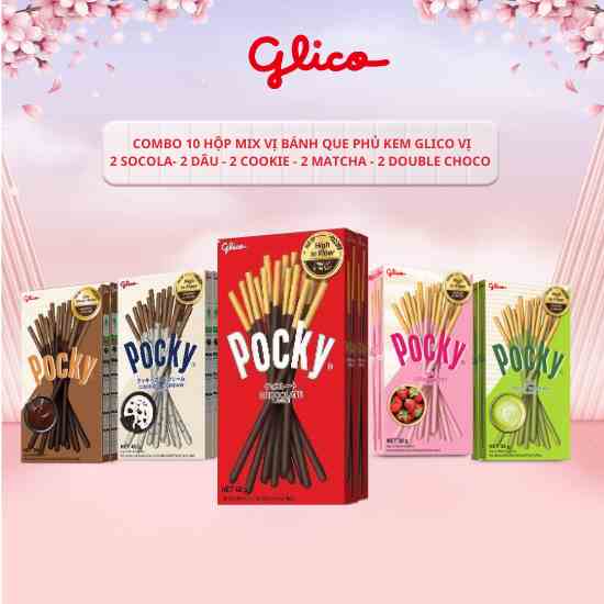 Combo 10 hộp Bánh que phủ kem nhiều vị Glico Pocky (2 socola 2 dâu 2 cookie 2 matcha 2 double choco)