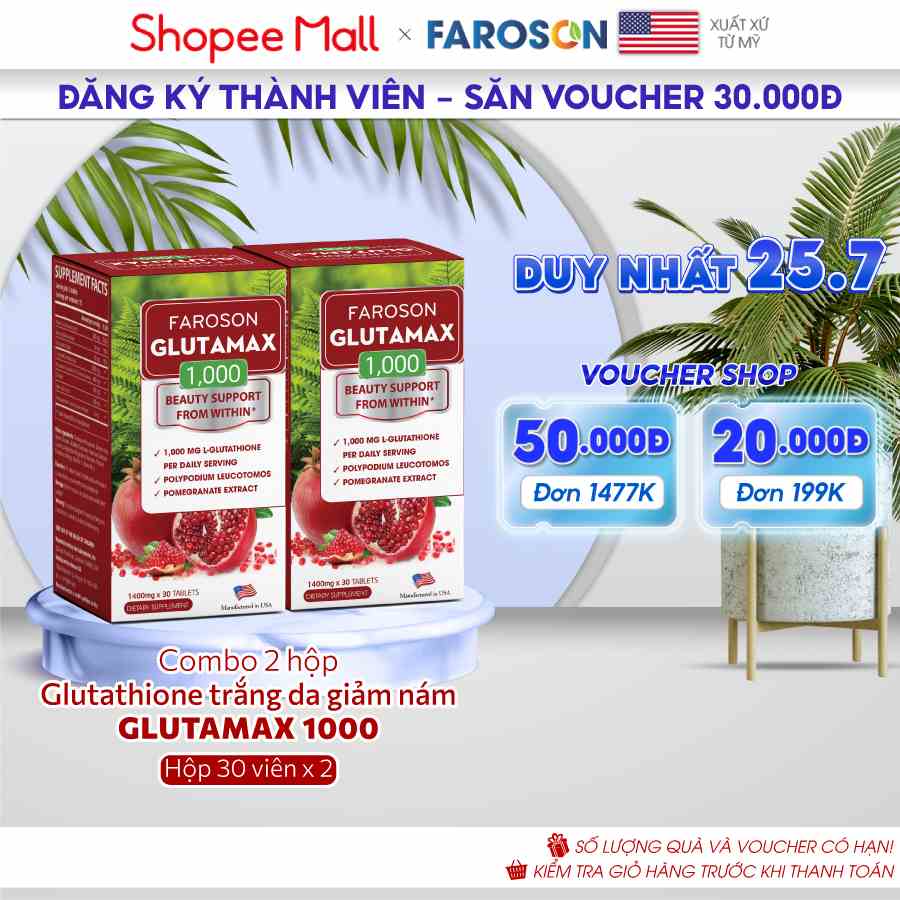 Combo 2 hộp viên uống trắng da Glutathione giảm nám chống nắng Faroson Glutamax 2 x 30 viên