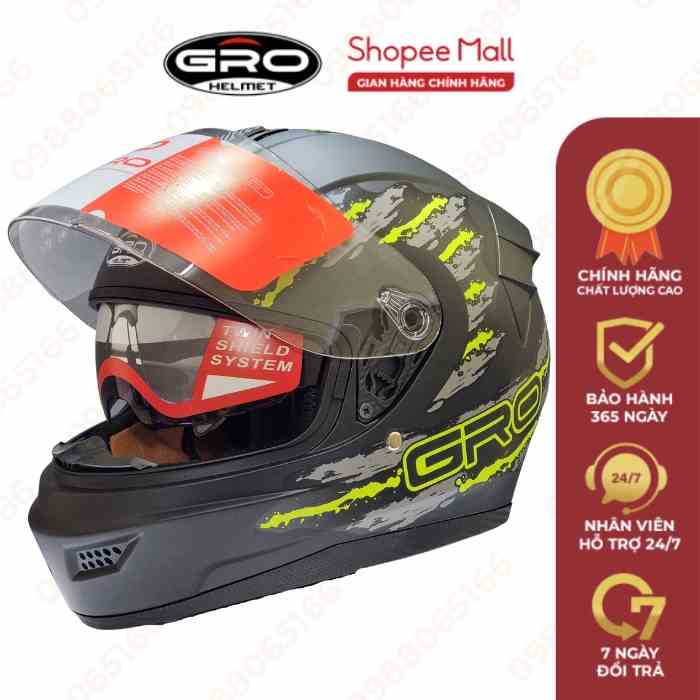 Mũ bảo hiểm fullface GRO HELMET st26 chính hãng dành cho dân chuyên phượt 2 kính tặng kèm sừng