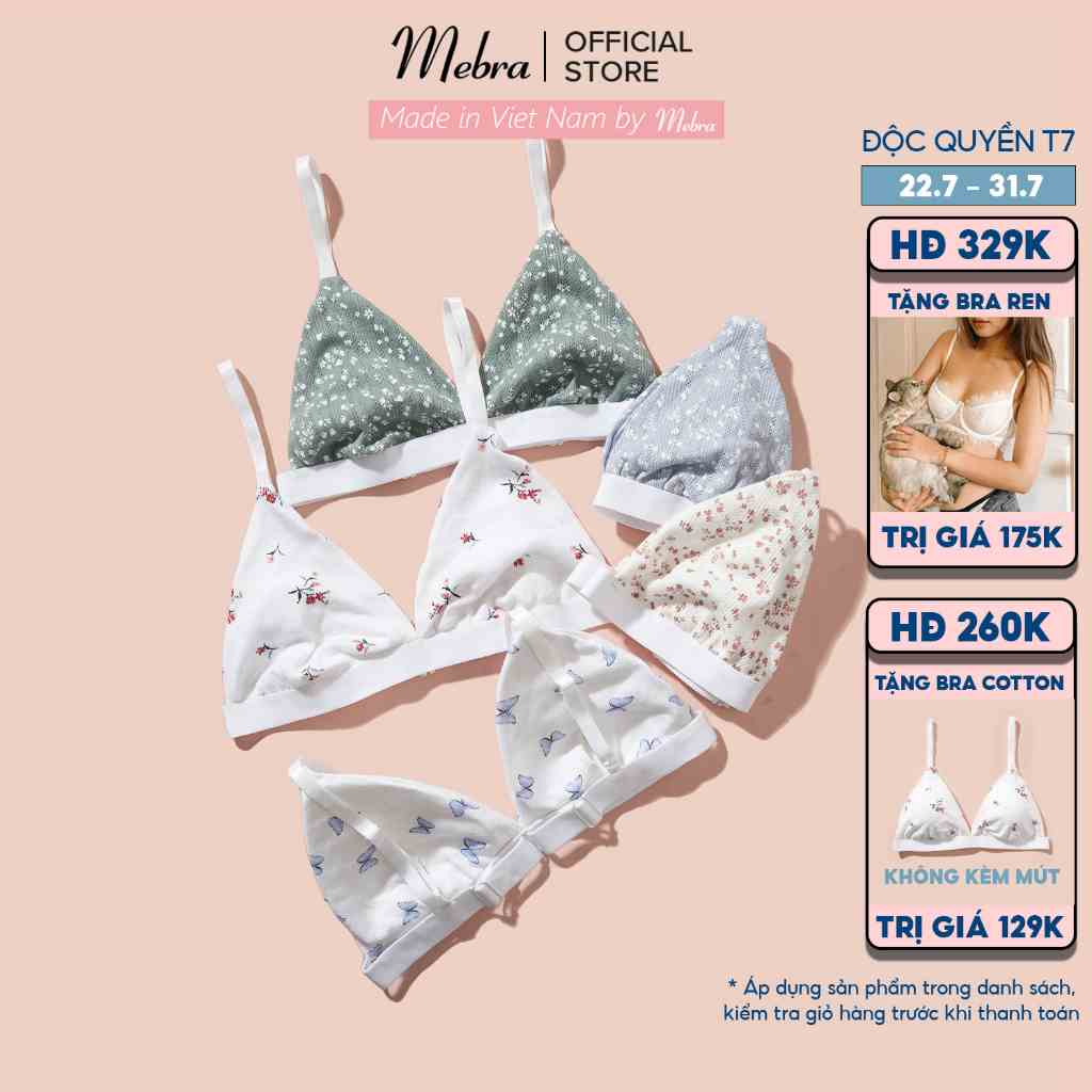 Áo cotton bralette không gọng, mút rời mỏng nhẹ thoải mái, họa tiết bướm xanh nhỏ nhắn xinh xắn Mebra