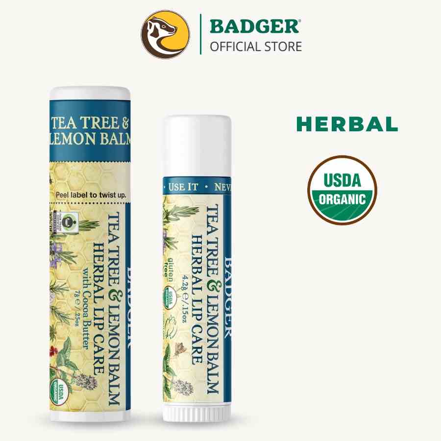 Son dưỡng môi hữu cơ BADGER Tea Tree & Lemon Balm Herbal Lip Balm USDA Organic - 4.2g