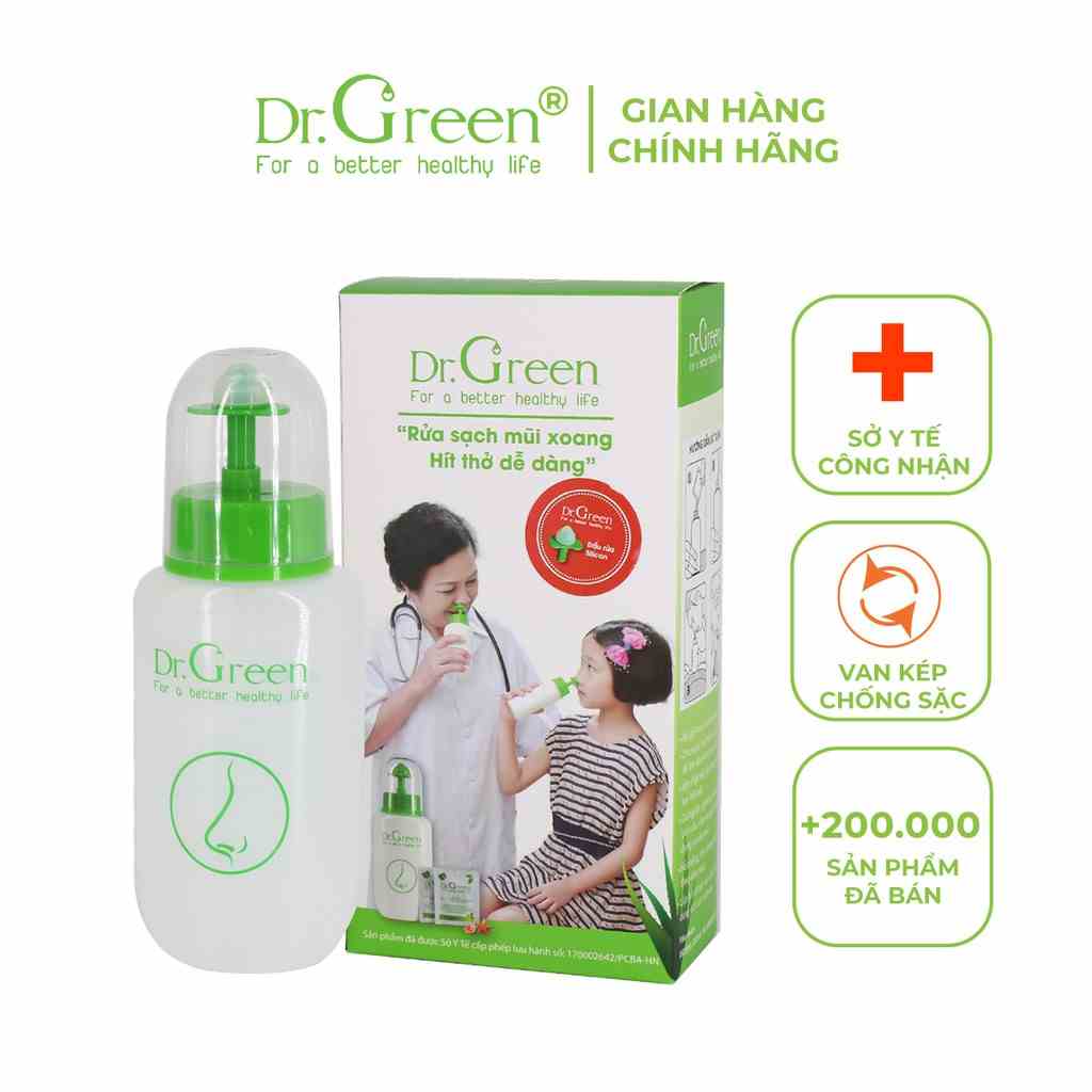 Bình rửa mũi Dr.Green chính hãng, Đầu rửa silicon, 1 bình kèm 10 gói muối biển, hỗ trợ viêm mũi xoang