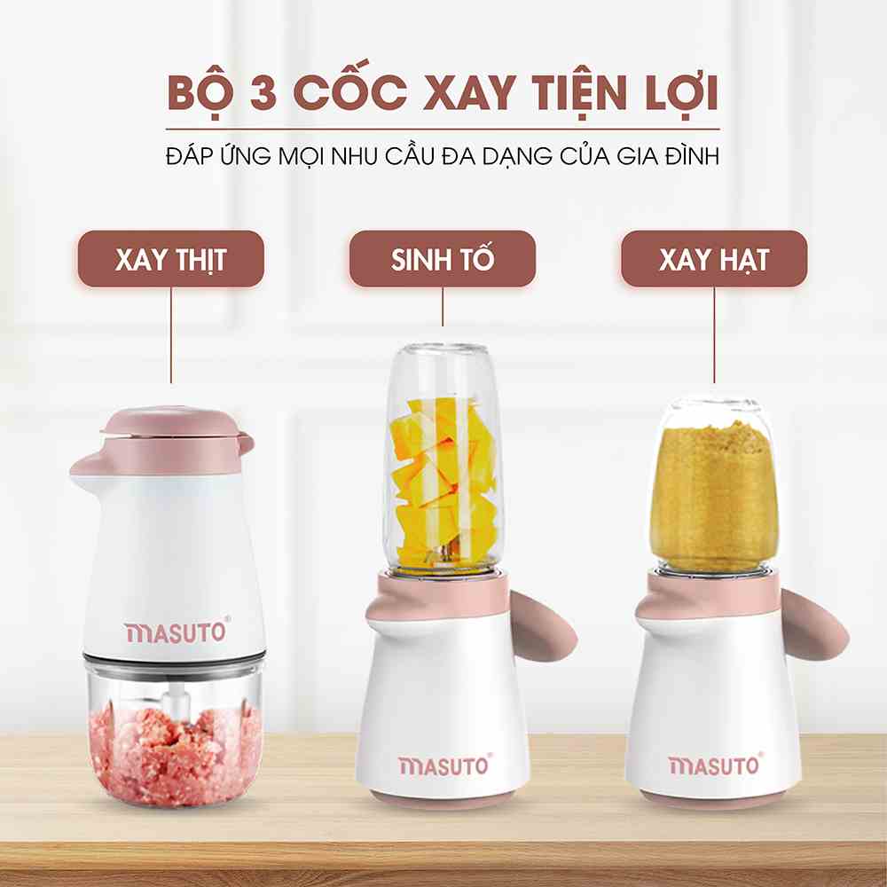 Máy xay ăn dặm đa năng Masuto Blender 3 cối 0,3L say đá hạt siêu nhuyễn mịn chỉ 10s cối thủy tinh