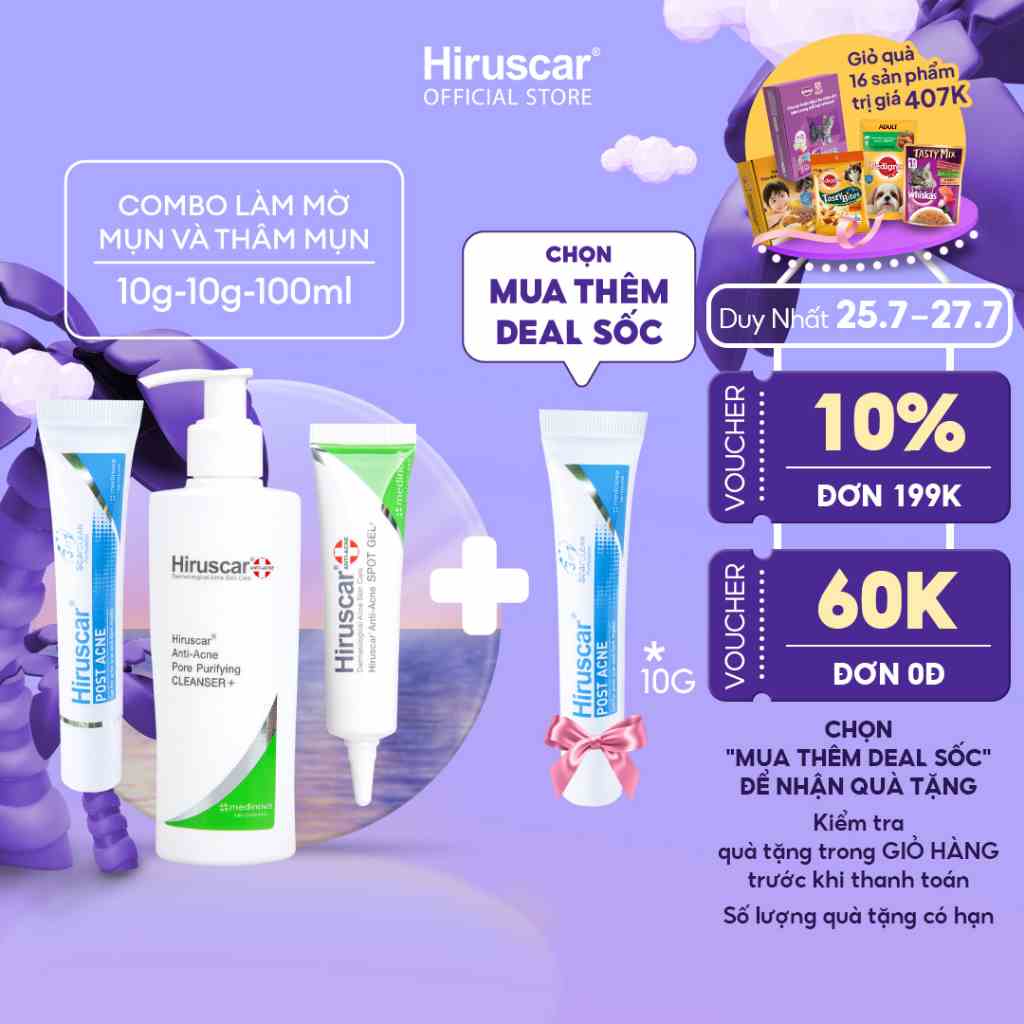 Combo Gel làm mờ sẹo mụn, thâm mụn Hiruscar Post Acne 10g, Gel chấm mụn 10g và Sữa rửa mặt 100g