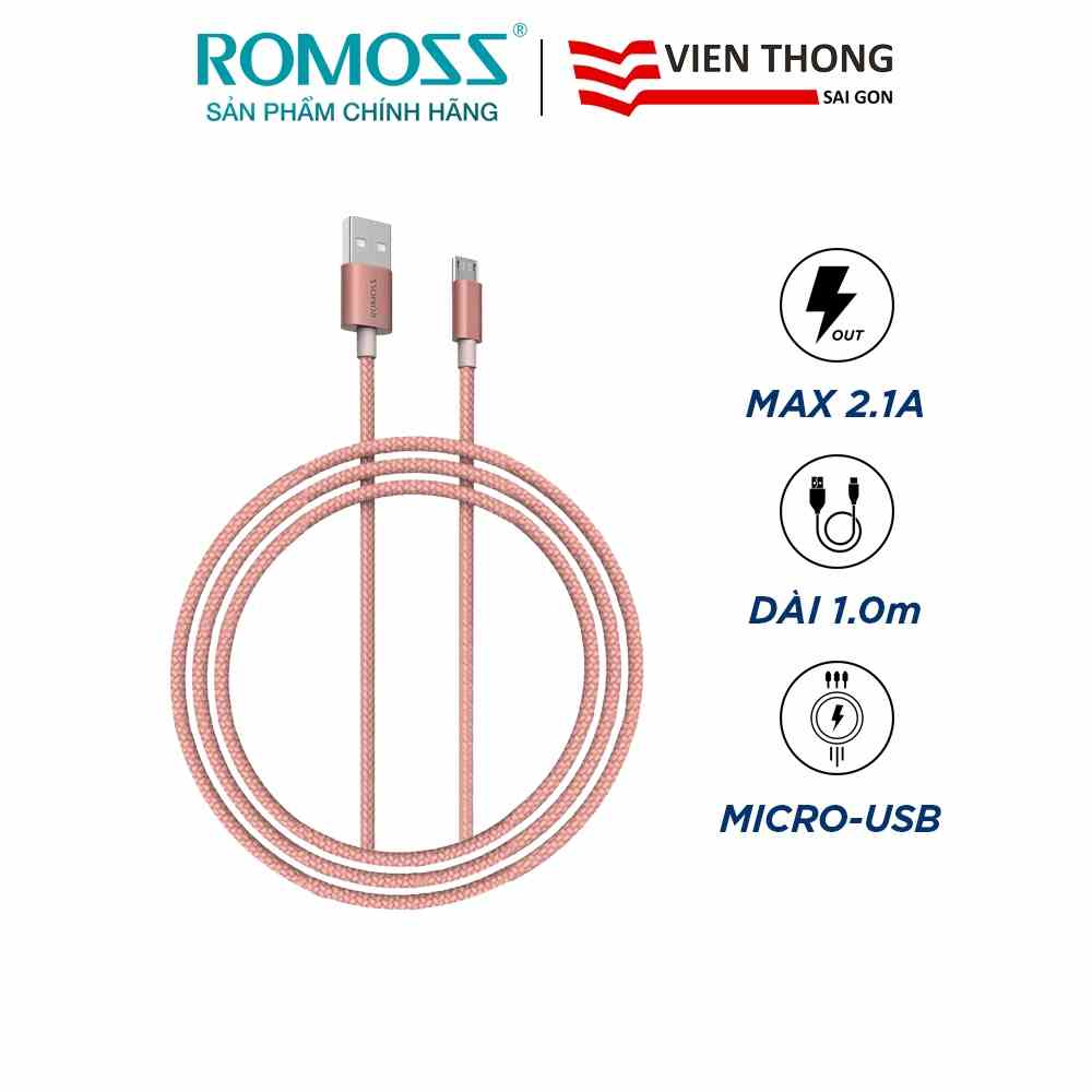 [Mã BMLTB35 giảm đến 35K đơn 99K] Cáp sạc nhanh micro USB Romoss CB05n bọc Nylon dài 1m / Sạc nhanh 2A cho Android (Pin)