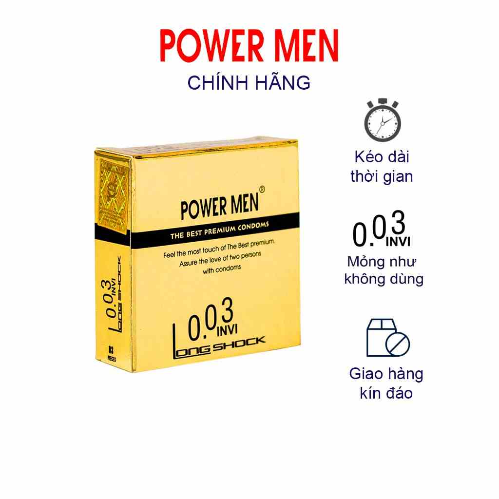 Bao cao su siêu mỏng, chống xuất tinh sớm Powermen INVI 0.03 Longshock 3 bao (SSU3)