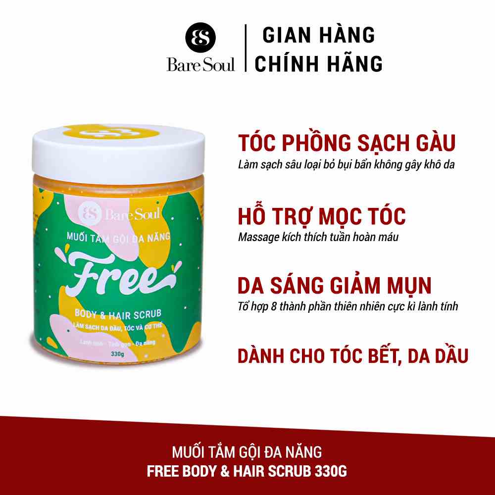 Muối tắm gội tẩy tế bào chết da đầu, tóc và cơ thể BareSoul FREE Body & Hair Scrub 330g