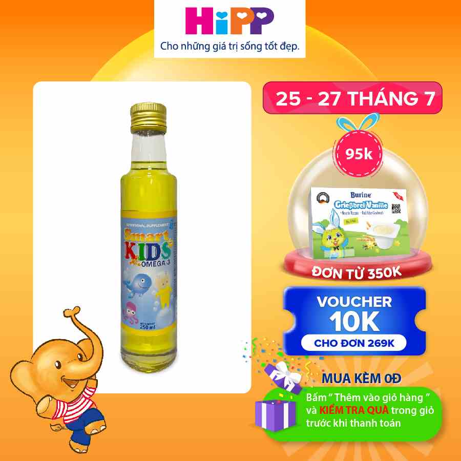 Dầu Cá Hồi Cho Bé Ăn Dặm Omega Smart Kids HiPP 250ml/chai