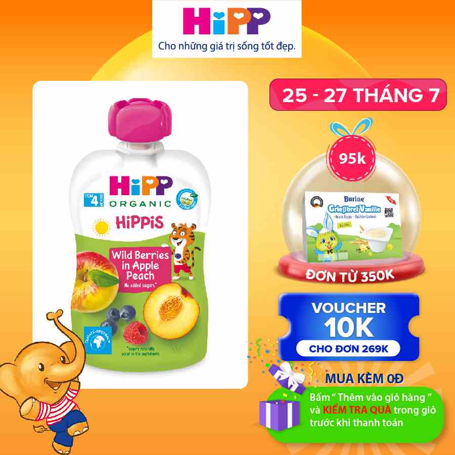 Dinh dưỡng 100% Trái cây nghiền Organic HiPPiS Dâu rừng, Táo, Đào 100g