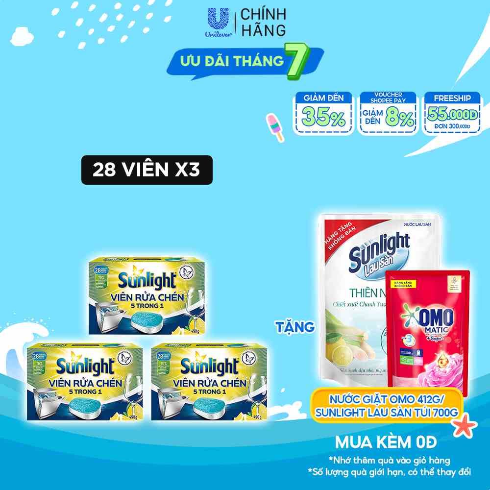 Combo 3 Hộp Viên Rửa Chén Bát SUNLIGHT 5 in 1 Cho Máy Rửa Chén Bát (28V/hộp)