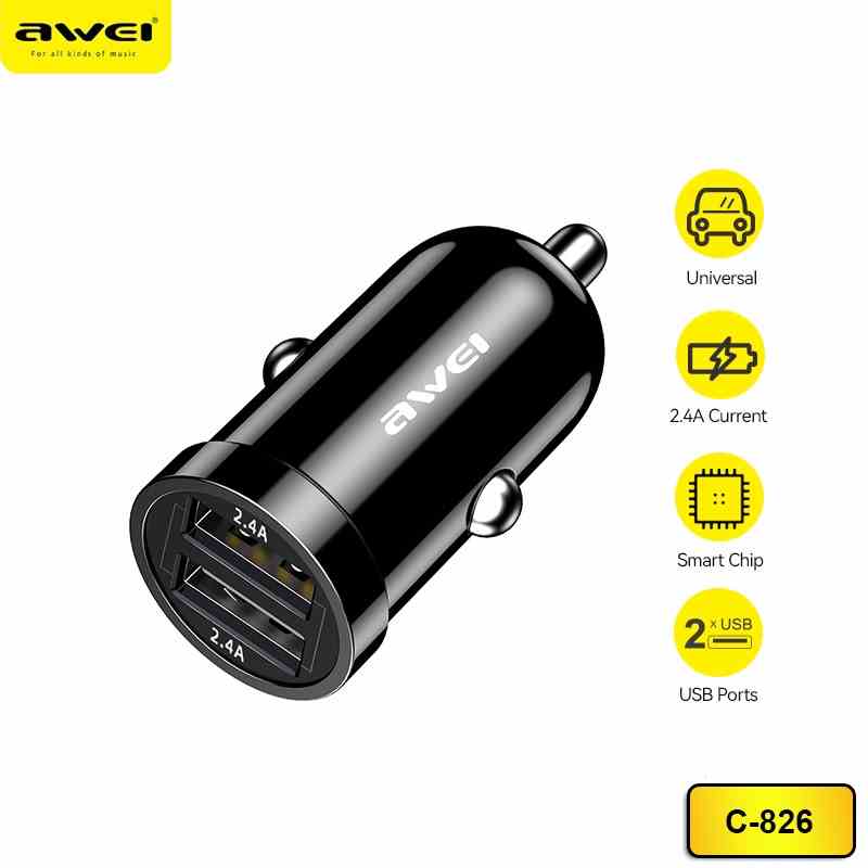 Tẩu sạc nhanh mini Awei C-826 có 2 cổng USB chất lượng cao với chip bảo vệ pin điện thoại cho xe hơi