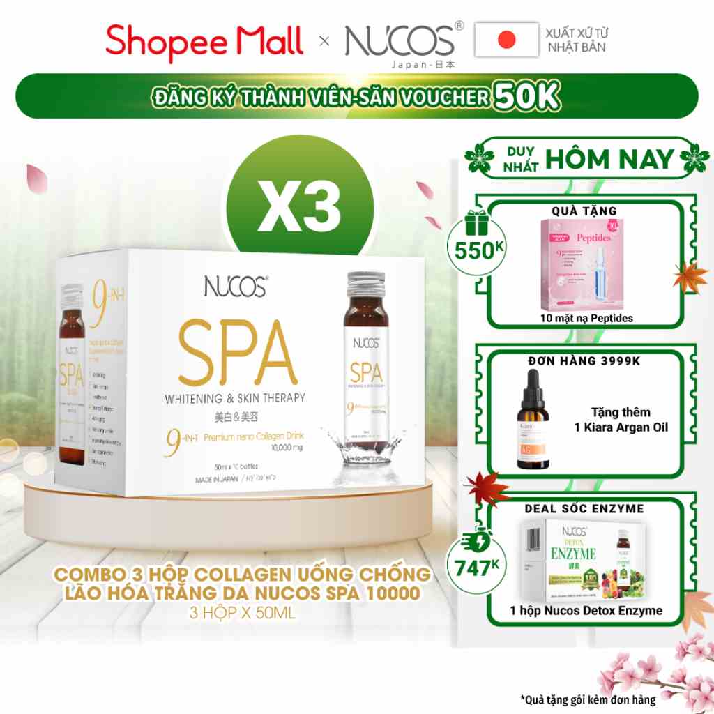 Combo 3 hộp nước uống collagen chống lão hóa trắng da Nucos Spa 10000 50ml x 3 x 10 chai