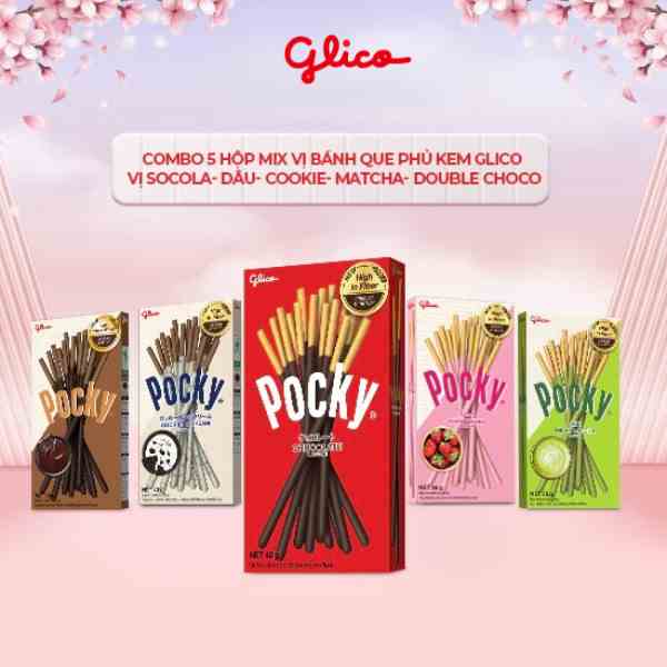 Combo 5 hộp mix vị Bánh que phủ kem Glico Pocky (5 hộp - 1 Socola 1 Dâu 1 Cookie 1 Matcha 1 Double choco)