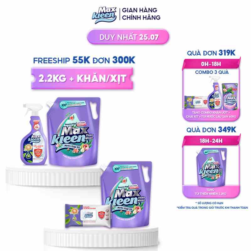 Combo Túi Nước Giặt Xả Maxkleen Thiên Nhiên 2.2kg + Combo Lau Đa Năng