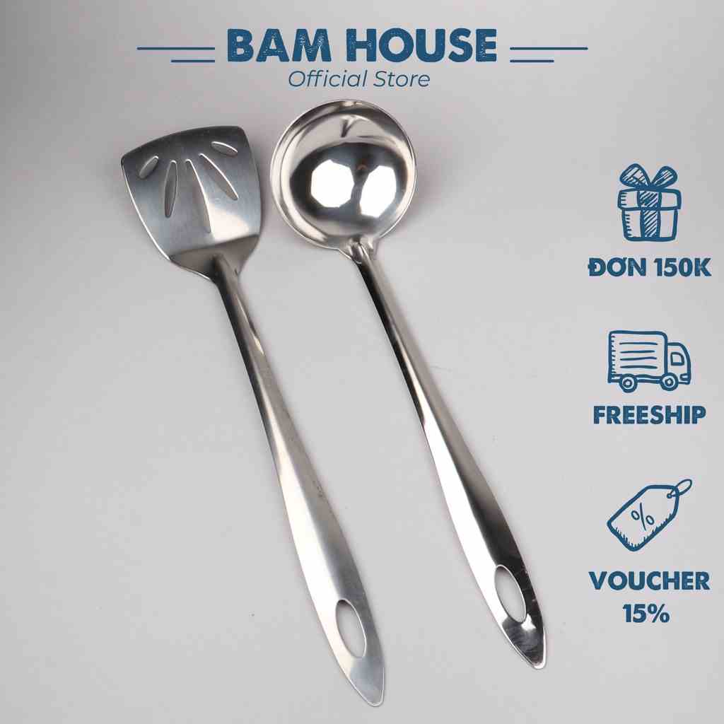 Vá đặc, Xẻng lỗ inox Bam House cán trơn cao cấp siêu bền SCT24 - Gia dụng bếp