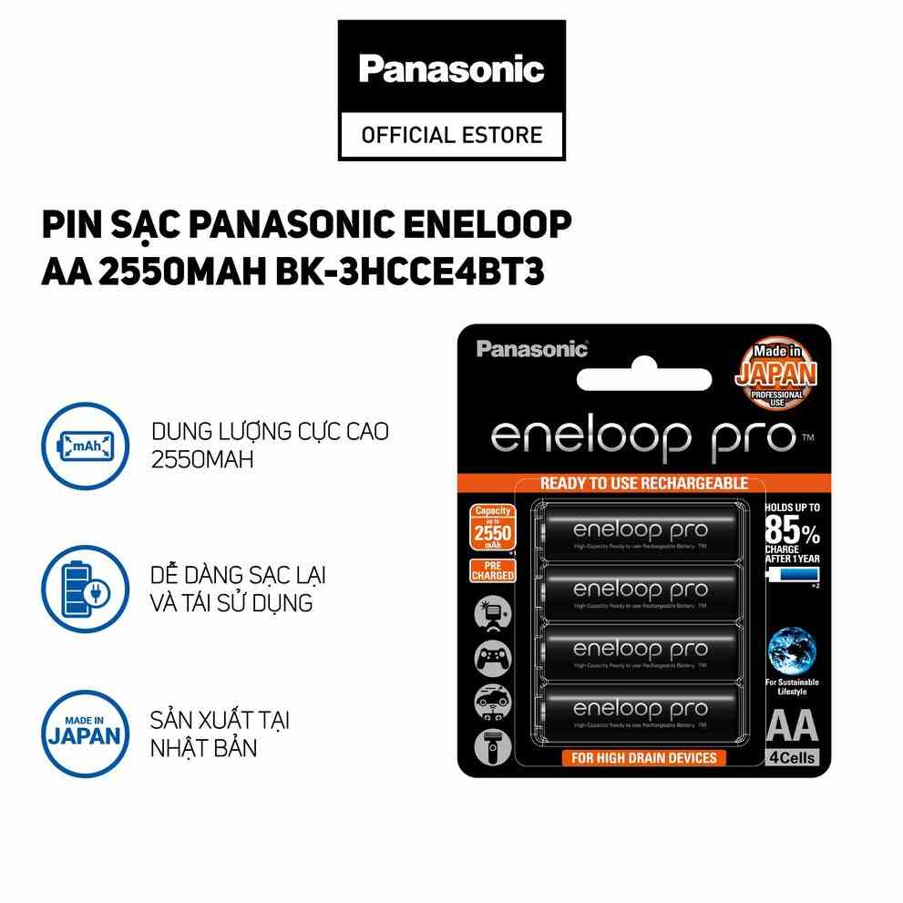 Pin sạc Panasonic Eneloop AA 2550mah BK-3HCCE4BT3 (Vỉ 4 viên) (Đen)