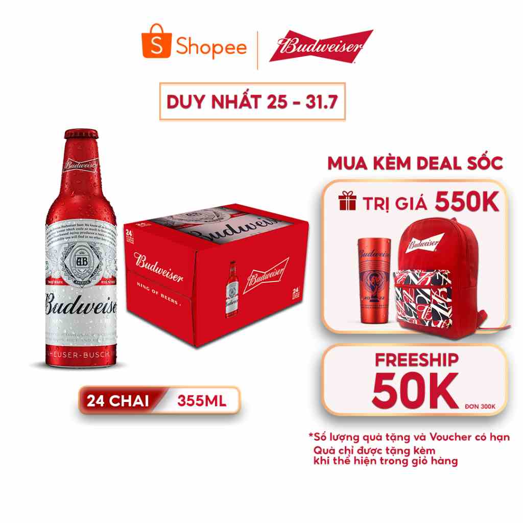 Thùng 24 Chai Alumium Bia Budweiser Chính Hãng (355ml/ chai)