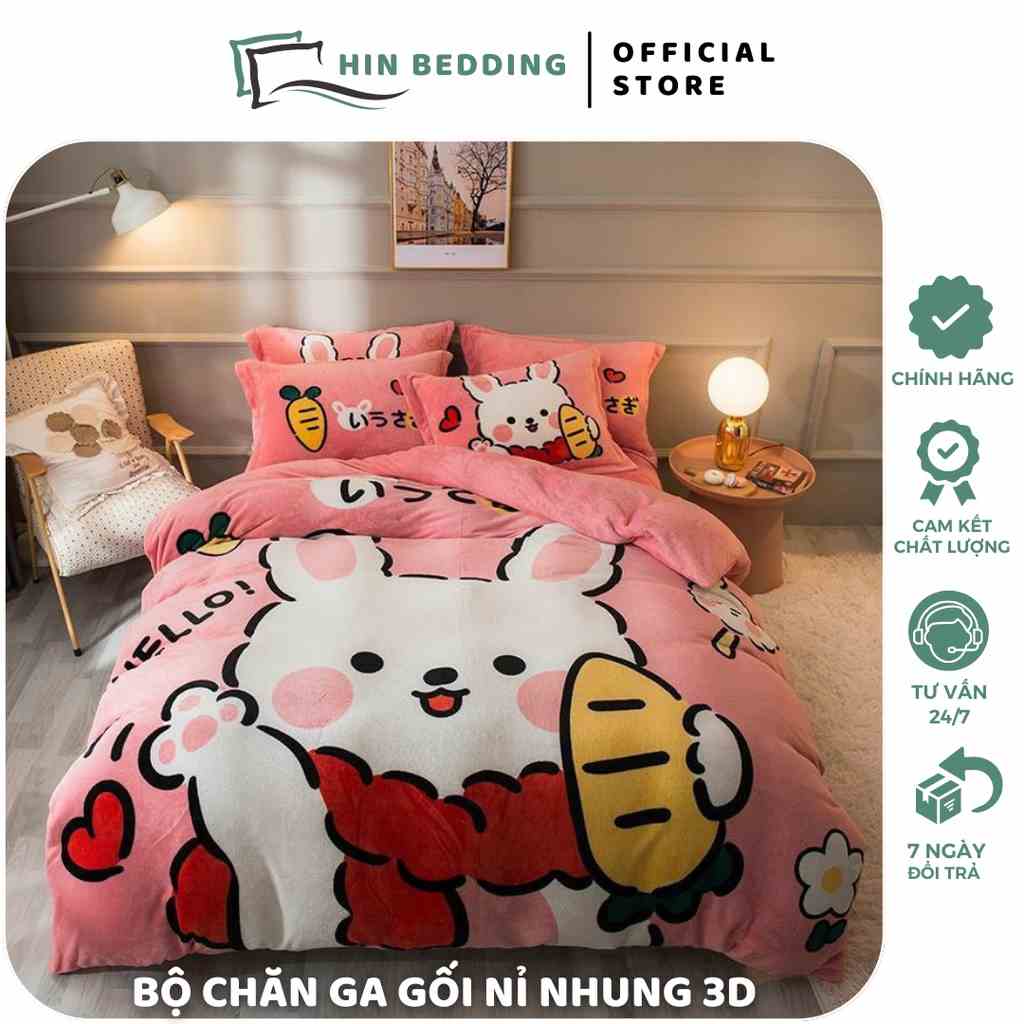 Bộ Chăn Ga Gối Nỉ Nhung 3D Nhập Khẩu HIN BEDDING Cao Cấp, Vải Nỉ Nhung Ấm Áp Dày Dặn Cho Mùa Đông