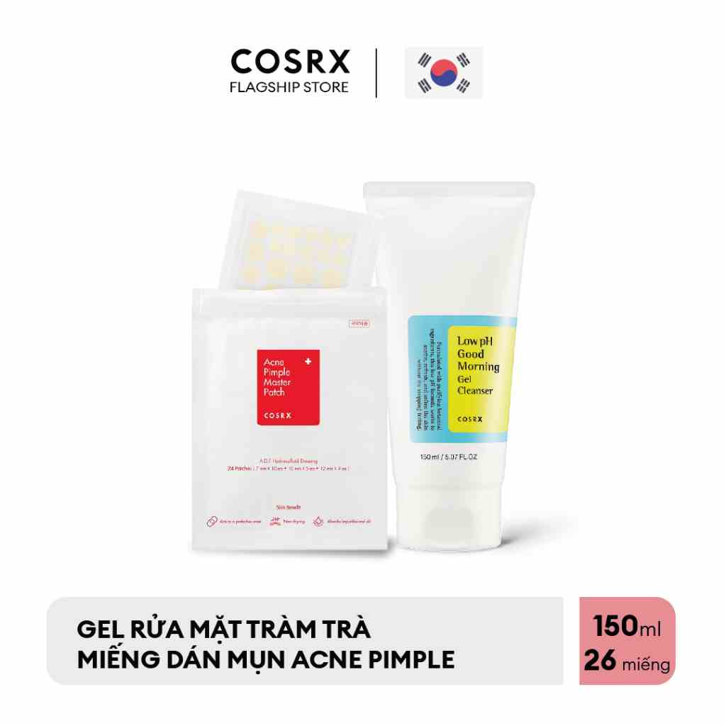 Combo Gel Rửa Mặt + Dán Mụn COSRX: Low pH Good Morning (Tràm Trà, 0.5% BHA) 150ml + Acne Pimple Master Patch 24 miếng