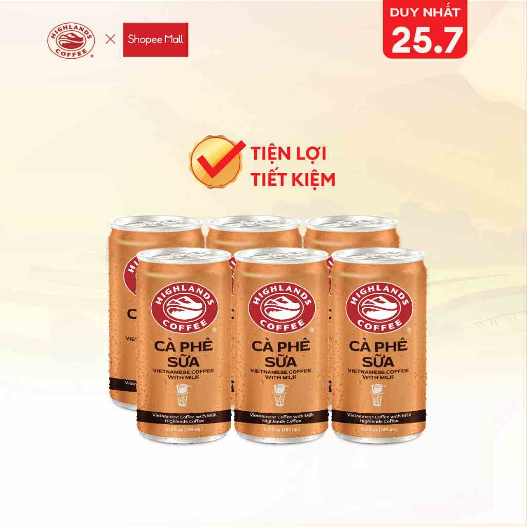 Lốc 6 Lon Cà Phê Sữa Đá Highlands Coffee 185ml/lon