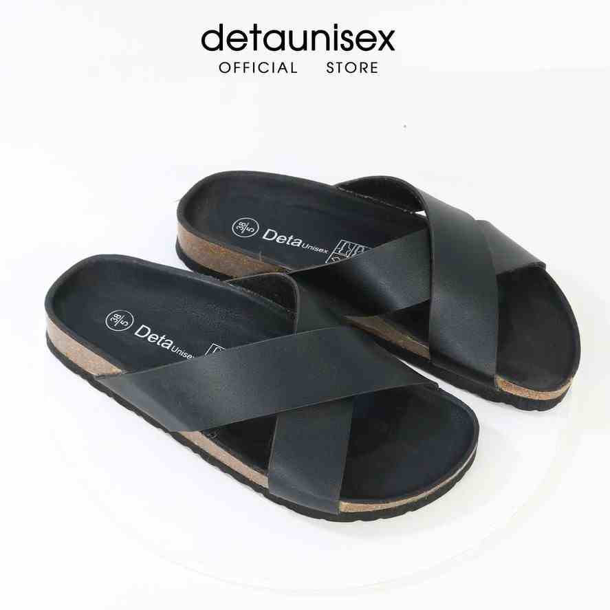 Dép Birken đế trấu quai chéo nam nữ Detaunisex Đen lót Đen - DETA23F