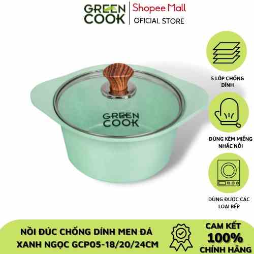 Nồi đúc đáy từ chống dính men đá xanh ngọc Green Cook GCS05 size 18-20-24 cm công nghệ Hàn Quốc