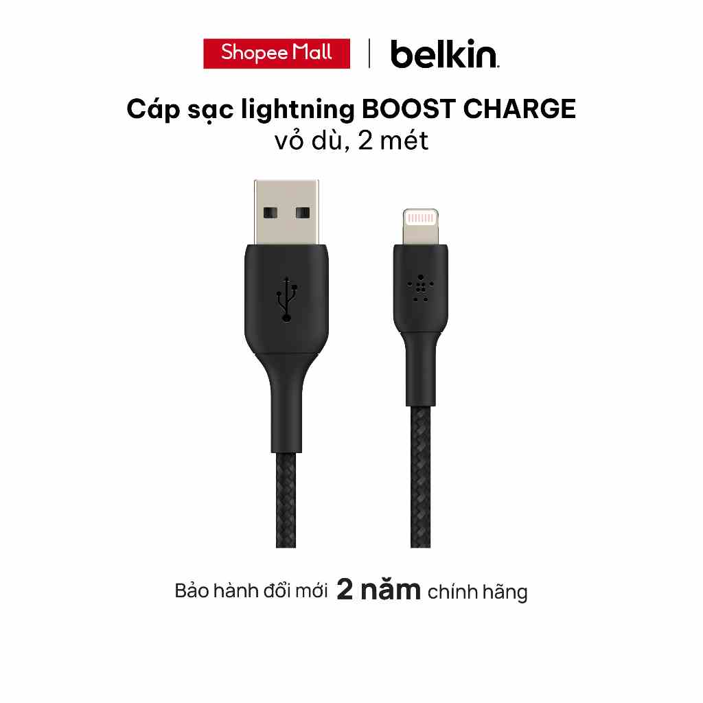 Cáp lightning Belkin BOOST CHARGE vỏ dù chứng chỉ MFi 2m 12W - Hàng chính hãng - BH 2 năm - CAA002bt