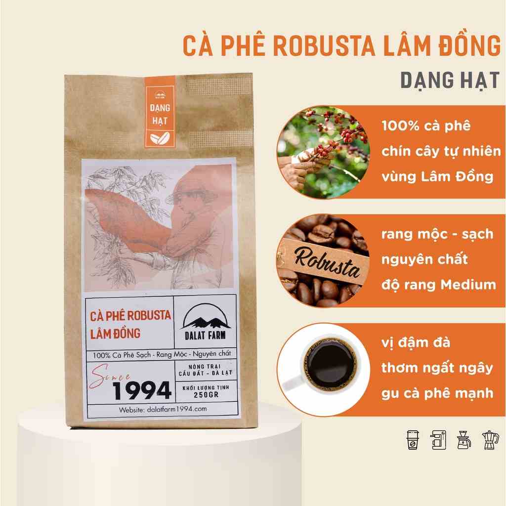 Cà Phê Robusta Lâm Đồng Dalat Farm - Túi 250Gr (Dạng hạt)