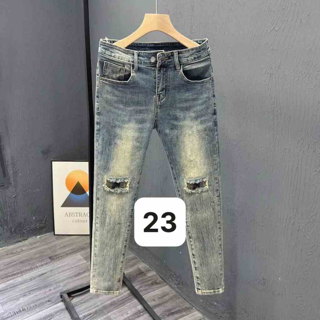 Quần Jean Nam Lb Vải Jean Denim Co Giãn, Cắt Rách, Cào, Màu Xanh Vàng, MS23