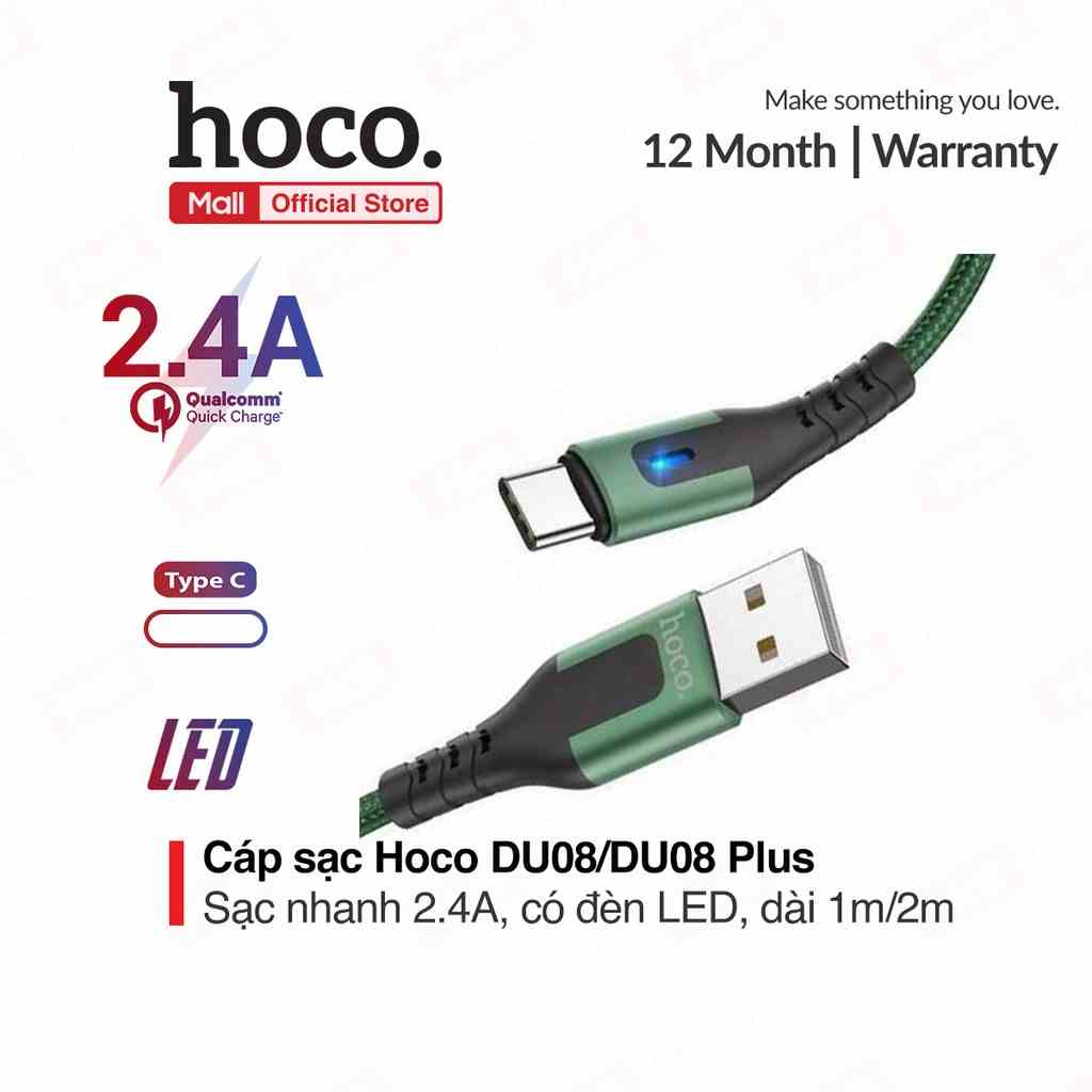 Cáp sạc Hoco DU08/DU08 Plus Type-C USB, hỗ trợ sạc nhanh 2.4A, dây bọc dù chống đứt, gập, có đèn LED báo sạc dài 1m/2m