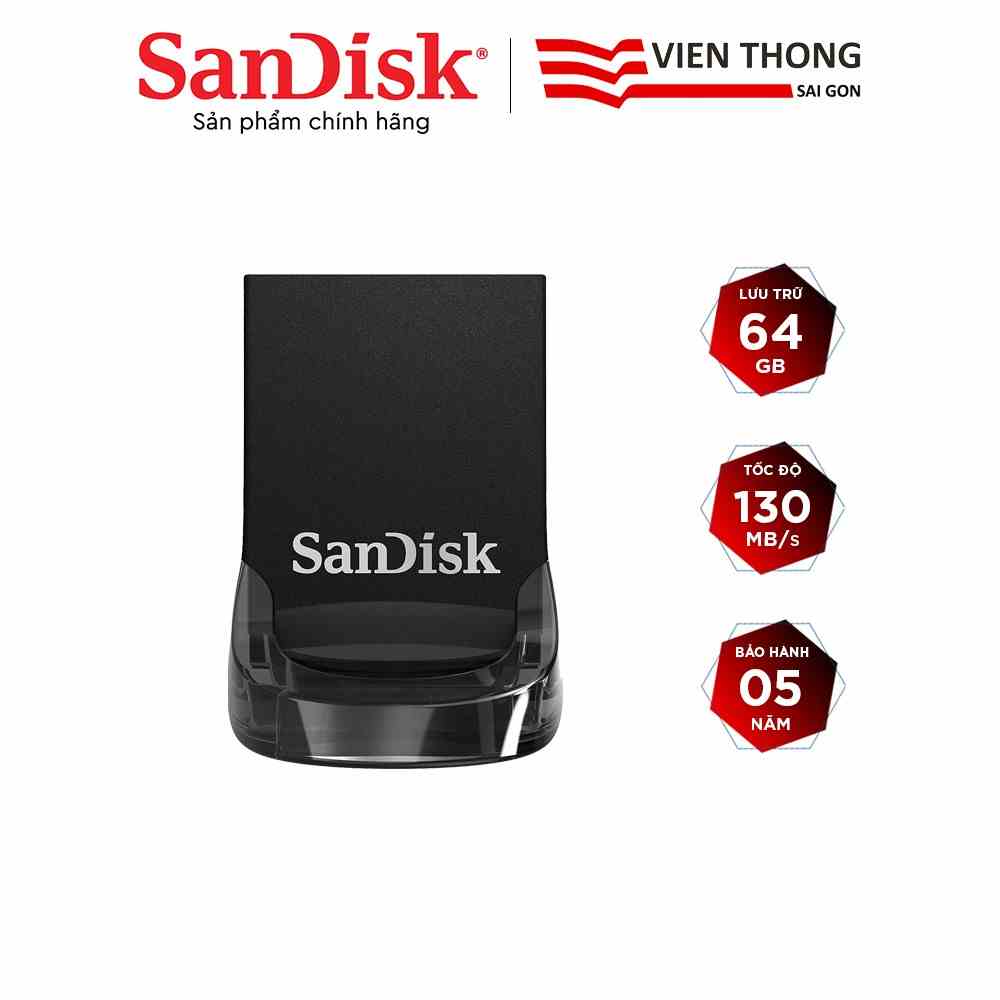 [Mã BMLTA35 giảm đến 35K đơn 99K] USB 3.1 SanDisk CZ430 64GB Ultra Fit Flash Drive upto 130MB/s