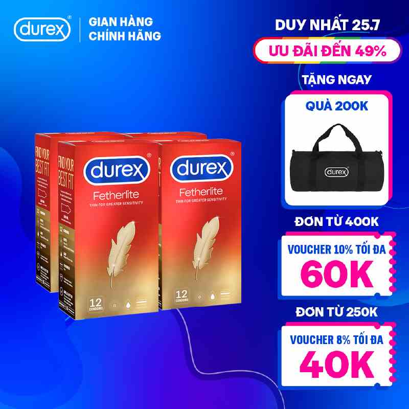 Bộ 4 hộp bao cao su Durex Fetherlite siêu mỏng, bôi trơn, size 52.5mm, 12 bao/hộp