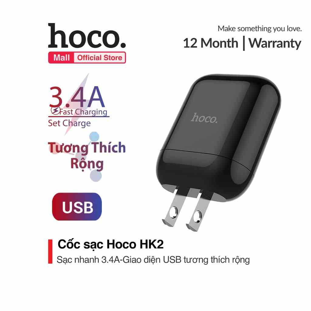 Củ sạc Hoco HK2 sạc nhanh 3.4A chân cắm dẹt hổ trợ cho nhiều thiết bị sạc qua cổng USB