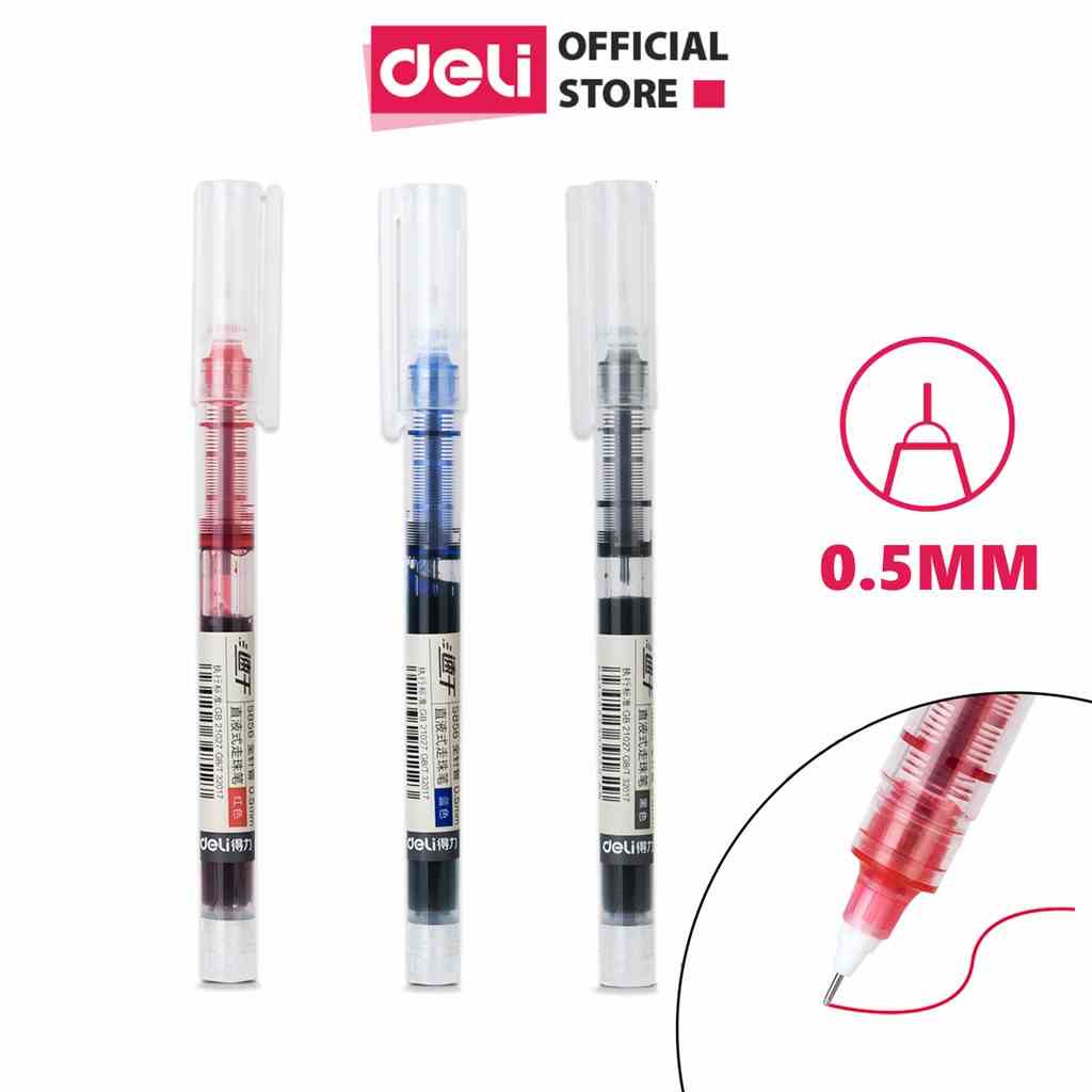 Bút bi nước mực gel nhanh khô ngòi 0.5mm Deli viết thư pháp cho học sinh văn phòng màu xanh đen đỏ ống mực liền S856