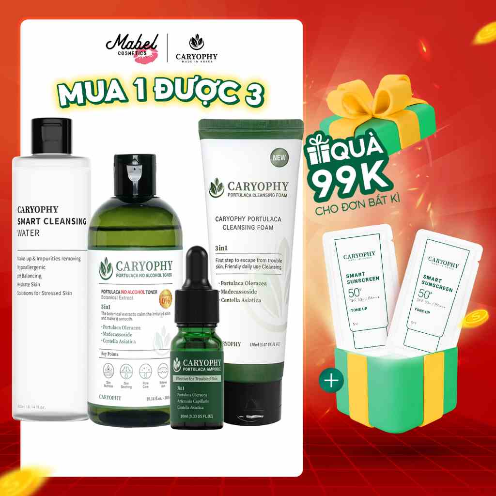 Bộ chăm sóc da giảm mụn mờ thâm Caryophy portulaca (tẩy trang 500ml sữa rửa mặt 150ml toner 300ml serum 10ml)