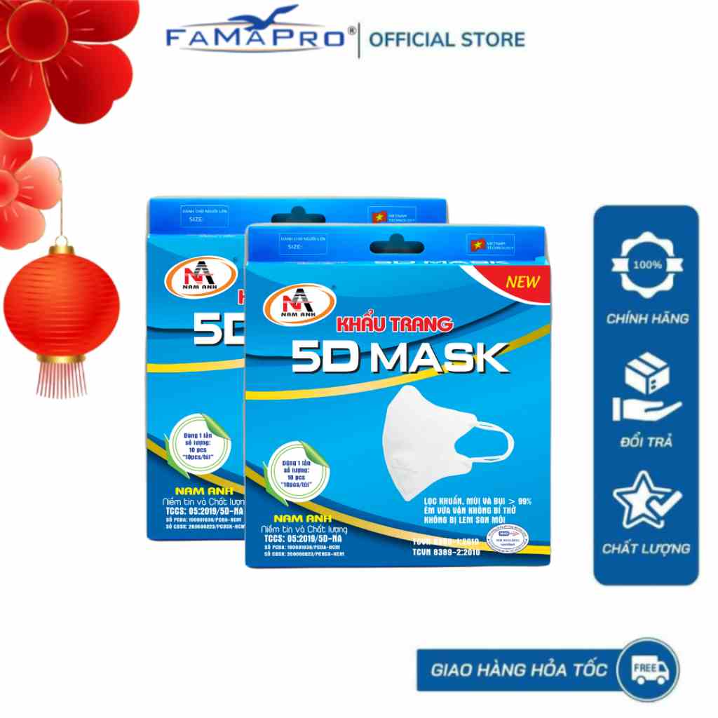 [HỘP-5D MASK-QUAI THUN] COMBO 2 HỘP Khẩu trang y tế kháng khuẩn 3 lớp Famapro 5D Mask