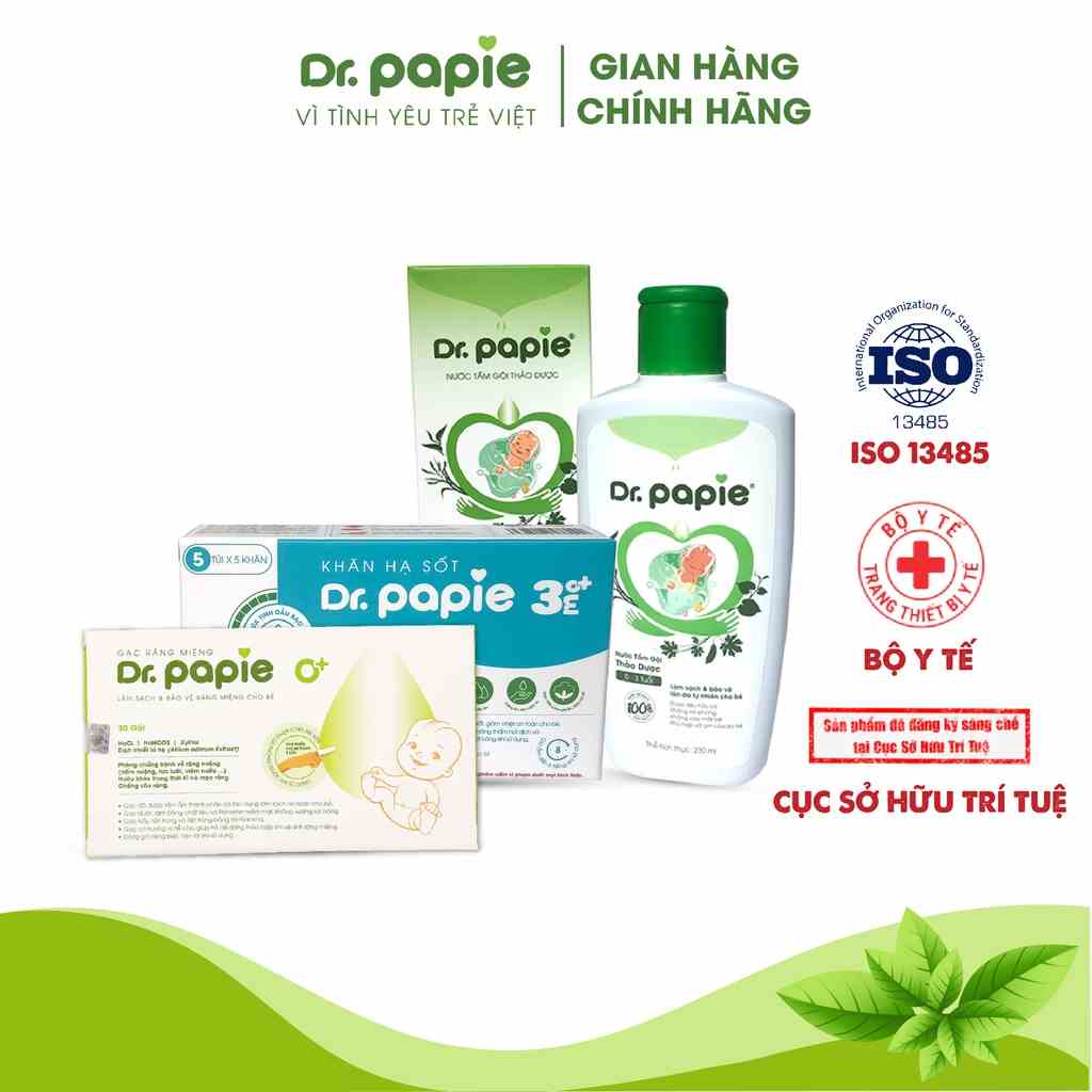 Combo Bộ 3 Gạc Rơ Lưỡi Dr.Papie, Khăn Lau Hạ Sốt Dr Papie, Nước Tắm Thảo Dược Dr Papie Chăm Sóc Bé Toàn Diện