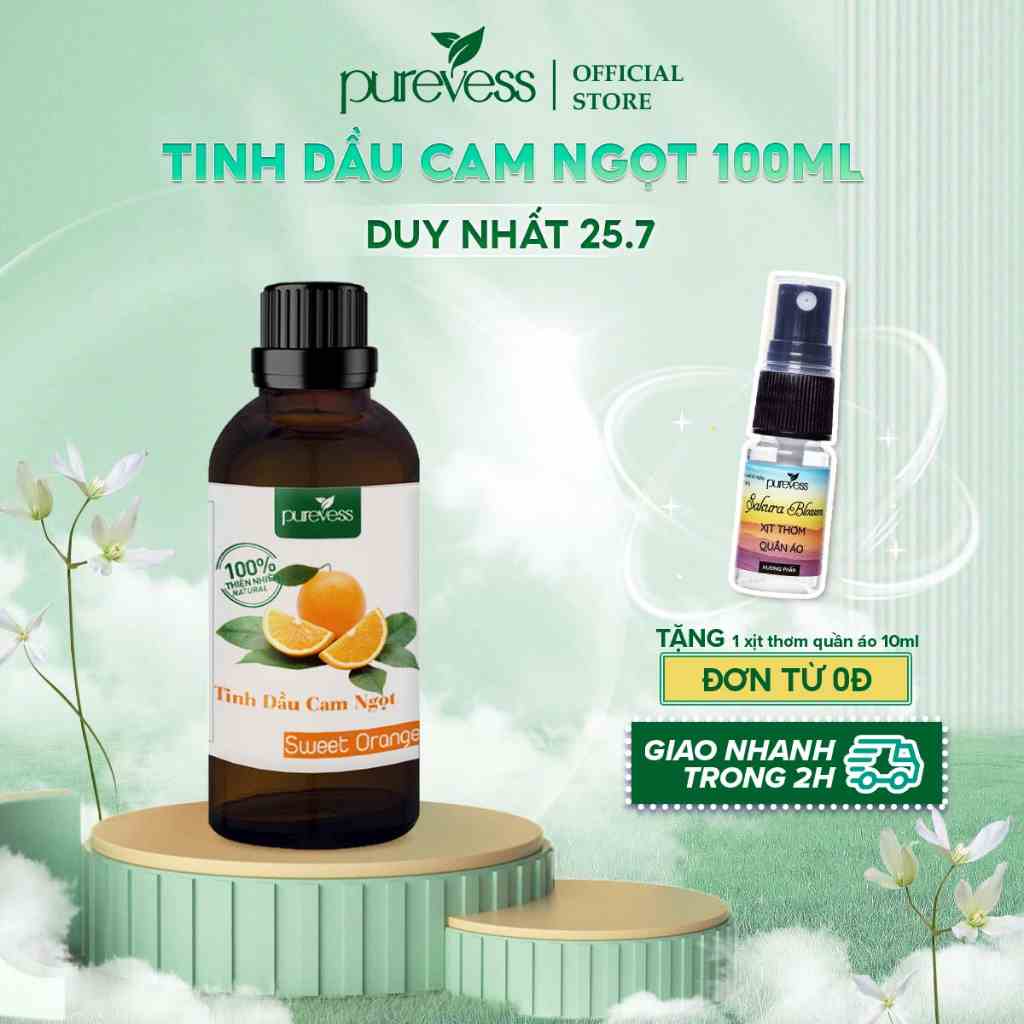 Tinh dầu Cam Ngọt Purevess, thiên nhiên nguyên chất, giúp thư giãn và sảng khoái tinh thần. 100ml