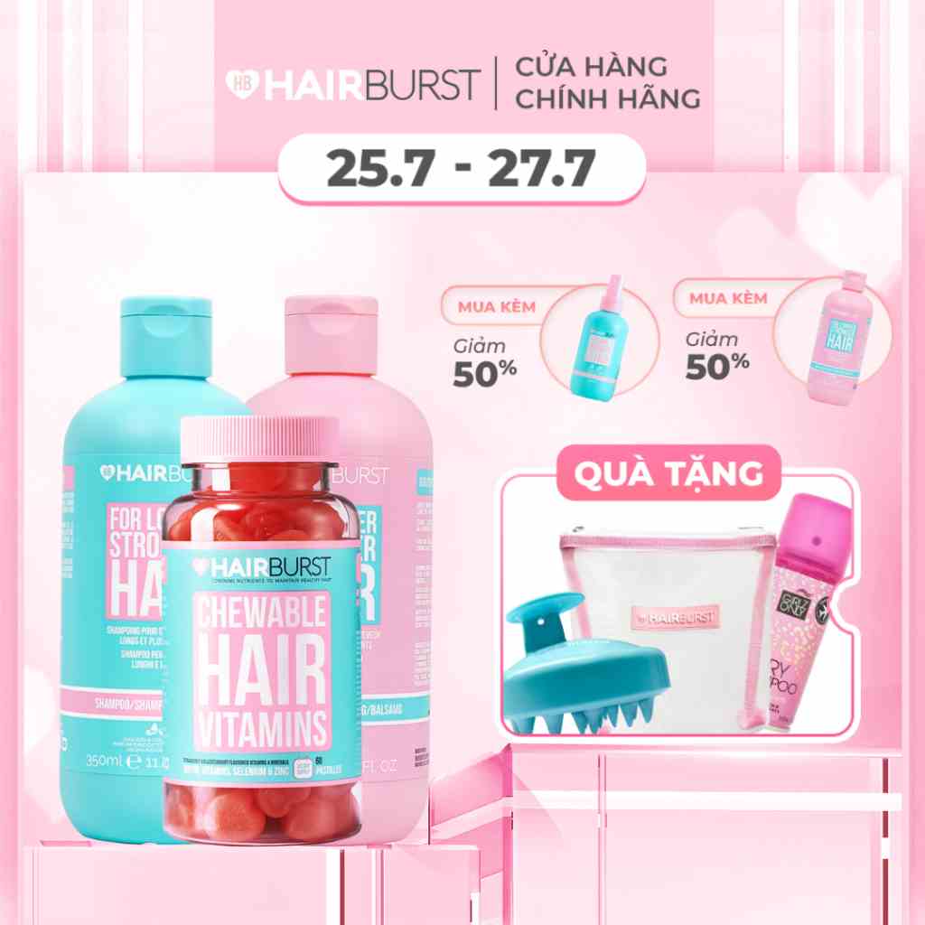 Combo set gội xả + kẹo dẻo Chewable HAIRBURST kích thích mọc tóc, chắc khỏe 350ml/ch