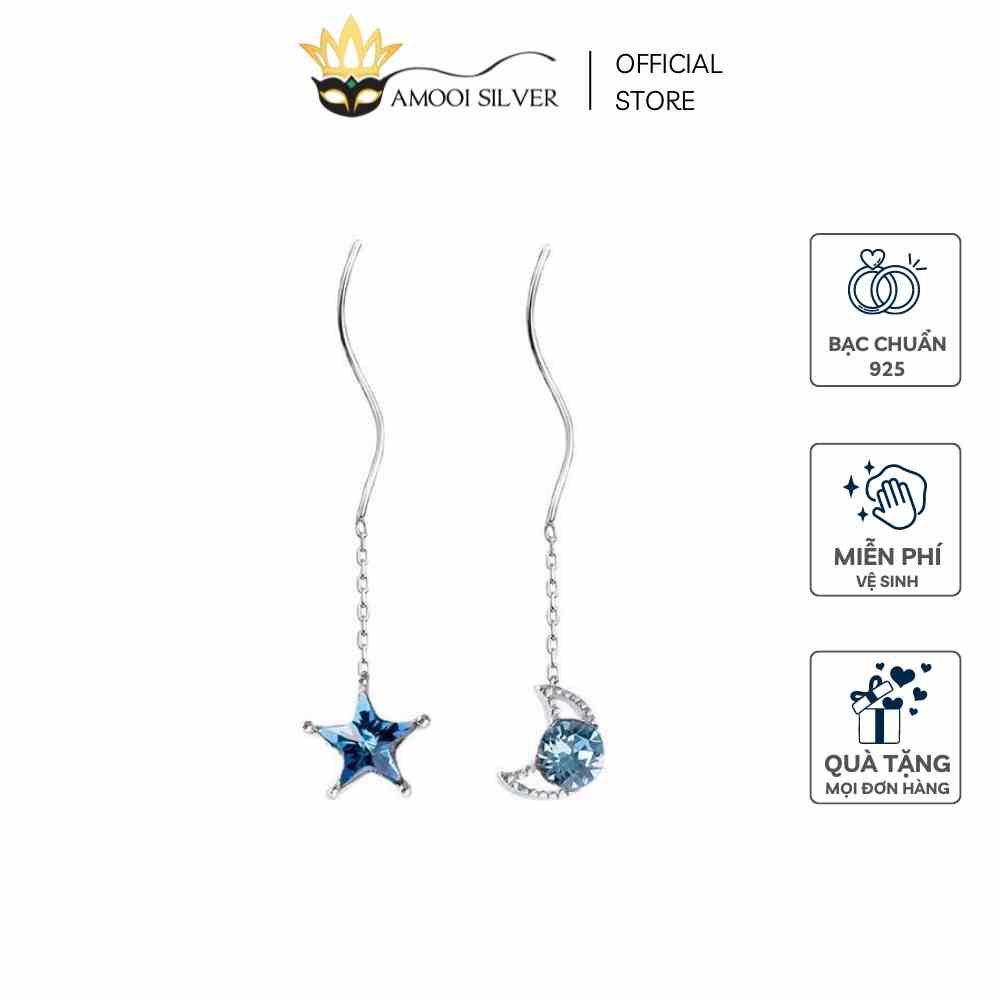 [Mã BMLTB35 giảm đến 35K đơn 99K] Bông Tai Bạc S925 Mẫu Mặt Trăng Ngôi Sao Xanh Tua Rua - Amooi Silver AB56