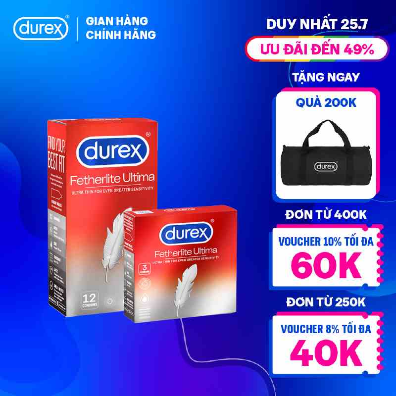 Bộ bao cao su Durex Fetherlite Ultima siêu mỏng, size 52mm, 1 hộp 12 bao và 1 hộp 3 bao