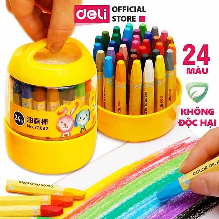 Bút sáp dầu học sinh hộp nhựa Deli - 12/18/24 màu sắc tươi sáng - Chất liệu an toàn, mùi thơm dễ chịu - Tô màu, vẽ tranh