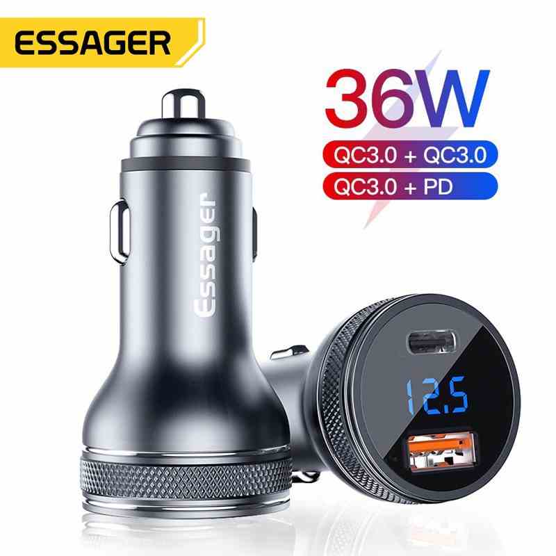 Tẩu sạc nhanh ESSAGER mini Type C hai cổng USB 3.0 thích hợp cho iP Huawei Auto PD 3.0