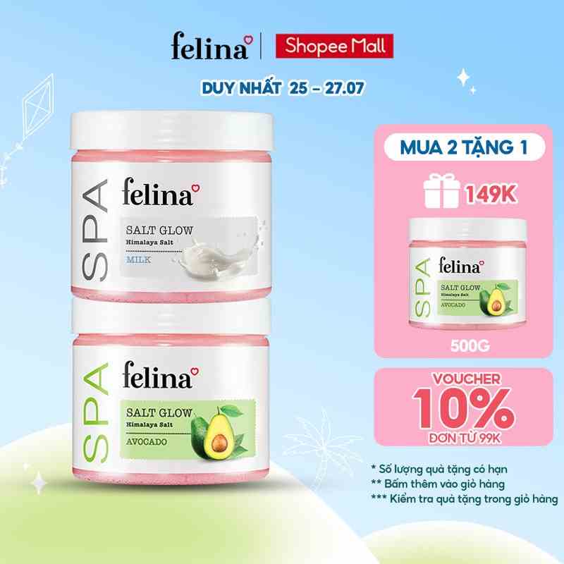 Combo 2 Hộp Muối Tắm Tẩy Tế Bào Chết Body Felina Home Spa 500g/hộp từ muối hồng Himalaya 100% thiên nhiên