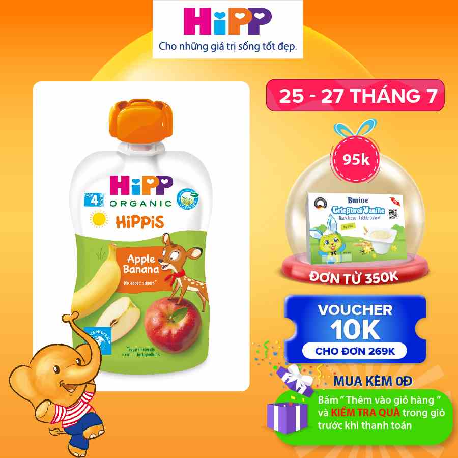 Dinh dưỡng 100% Trái cây nghiền Organic HiPPiS Táo, Chuối 100g - Nhập khẩu Áo